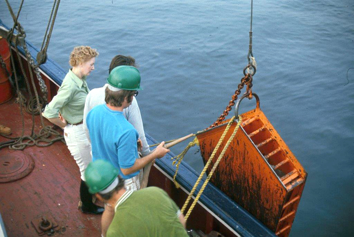 Fran Wagner on board a ship dredging the seabed for microfossils